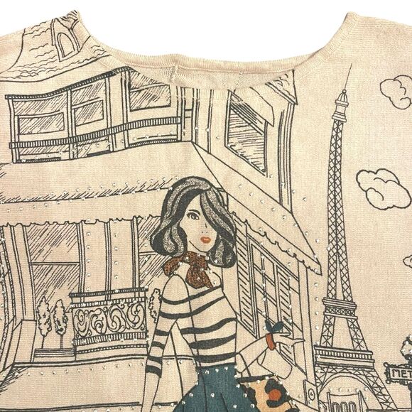 Womens Novelty Graphic Sweater Sz S Beige Parisian Girl Embellished Cute Artsy - Picture 6 of 15